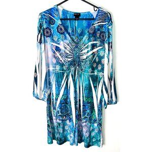 Style & Co Womens XL Tunic Top Blue Green Rhinestone Embellished 3/4 Sleeve